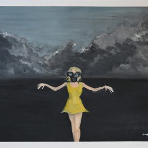 Ukrainian girl. Peinture à l'huile sur feuille de papier Canson Figueras 50 x 65 cm. Une fillette avec un masque à oxygène, habillée d'une petite robe jaune, dans un paysage très sombre et minimaliste sur fond de nuages gris et noirs.