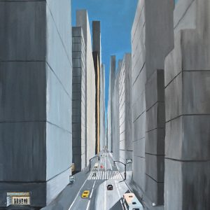 Urban night. Peinture à l'huile sur feuille de papier Canson Figueras 50 x 65 cm. Vue en perspective d'une avenue avec quelques voiture et bus, entourée de buildings. Au premier plan sur la droite, on aperçoit la devanture d'une discothèque près de laquelle se tient un couple de personnages.