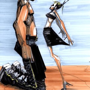 Weakness. Dessin au stylo et feutressur feuille de papier au format 21 x 29,7 cm. Un géant avec un gun dans chacune de ses main, agenouillé devant une femme sur la pointe des pieds en talons hauts.