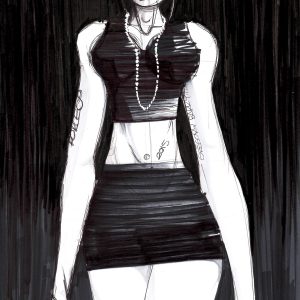 Wn&b. Dessin au stylo et feutre sur feuille de papier au format 21 x 29,7 cm. Top modèle désabusé en noir sur fond noir.