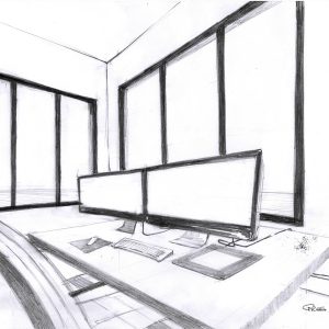 Work station. Dessin au crayon sur feuille de papier au format 21 x 29,7 cm. Un bureau entouré de baies vitrées sur lequel est posé deux écrans, un clavier et une souris d'ordinateur.