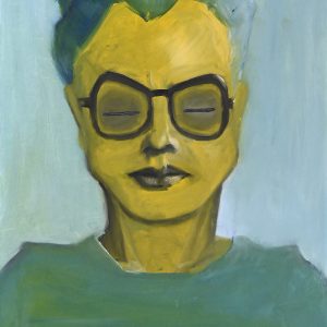 Yellowman. Peinture à l'huile sur feuille de papier 30 x 40 cm. Représentation d'un homme jaune, les yeux fermé derrière des lunettes de vue. Il porte un t-shirt vert.